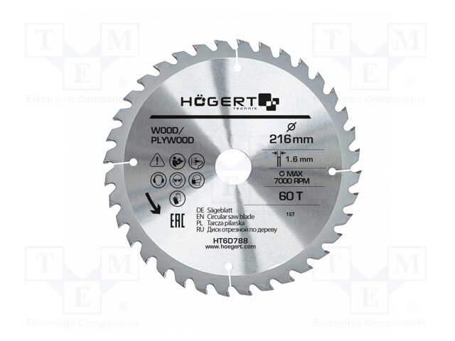 Circular saw; Ø: 216mm; Øhole: 30mm; W: 1.6mm; Teeth: 60