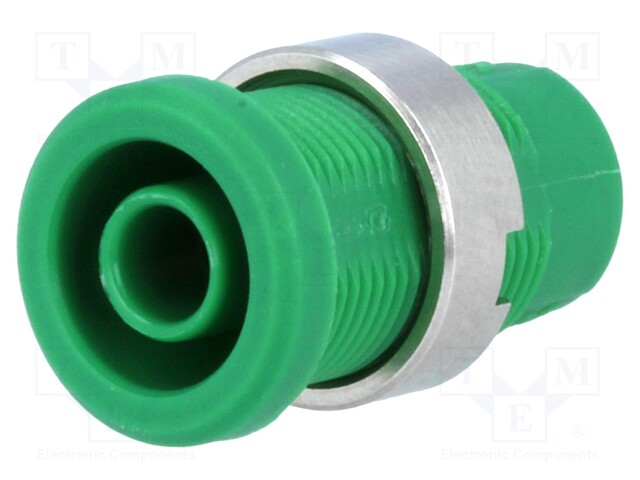 Socket; 4mm banana; 25A; 1kV; green; nickel plated; on panel,screw