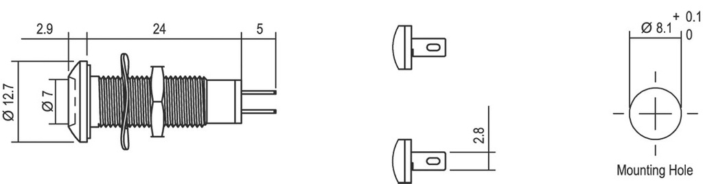 Indicator: LED; flat; 12÷28VDC; 12÷28VAC; Cutout: Ø8.1mm; IP67