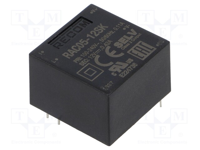 Converter: AC/DC; 5W; Uout: 12VDC; Iout: 416mA; 81%; Mounting: PCB