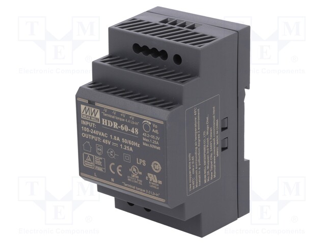 Power supply: switched-mode; 60W; 48VDC; 43.2÷55.2VDC; 1.25A; 190g