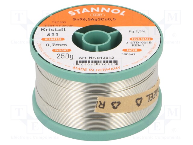 Soldering wire; Sn96,5Ag3,0Cu0,5; 0.7mm; 250g; lead free; 2.5%