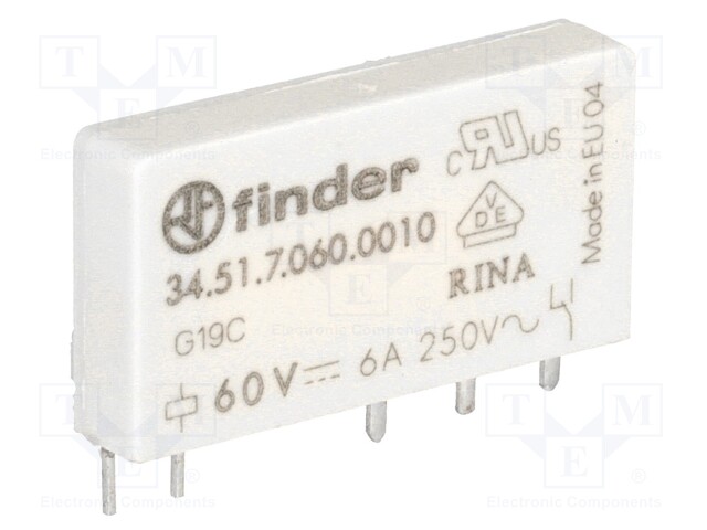 Relay: electromagnetic; SPDT; Ucoil: 60VDC; 6A/250VAC; 6A/30VDC