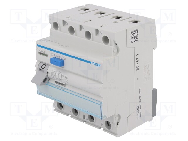 RCD breaker; Inom: 63A; Ires: 30mA; Max surge current: 250A; 400V