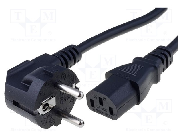 Cable; CEE 7/7 (E/F) plug angled,IEC C13 female; 2m; black; PVC