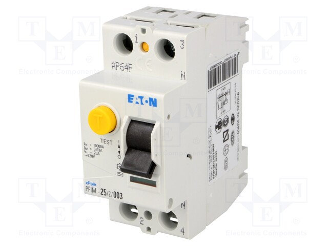 RCD breaker; Inom: 25A; Ires: 30mA; Max surge current: 250A; 400V