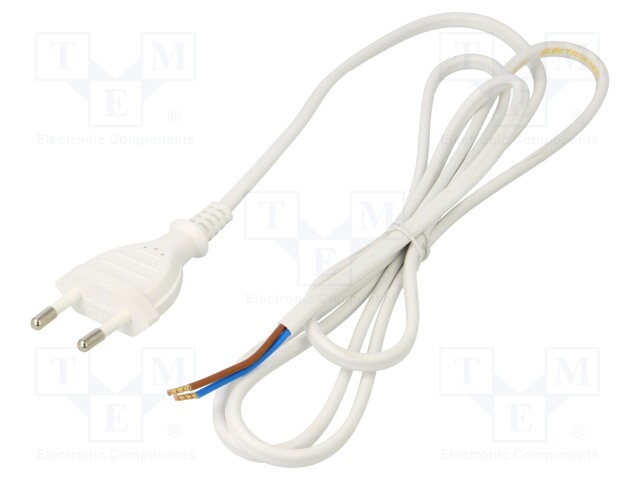 Cable; CEE 7/16 (C) plug,wires; PVC; 1.6m; white; 2x0,75mm2; 10A