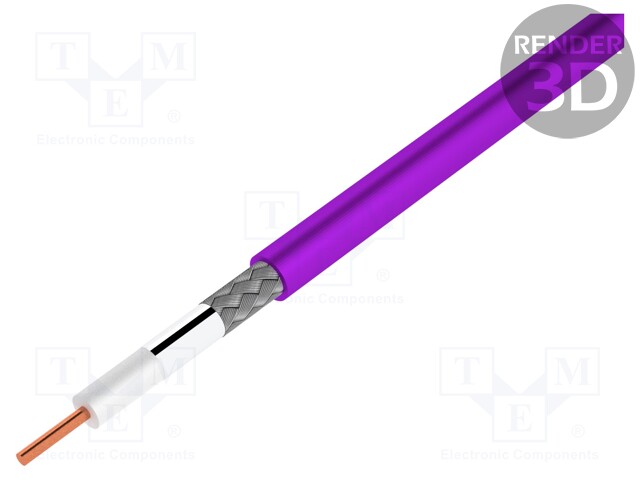 Wire: coaxial; RG179; 1x75Ω; solid; Cu; 28.5AWG; PVC; violet; 305m