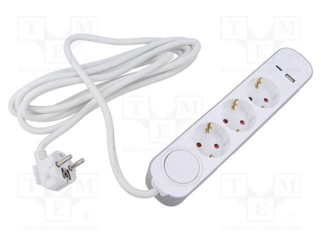 Extension lead; 3x1.5mm2; Sockets: 5; PVC; white; 3m; 16A