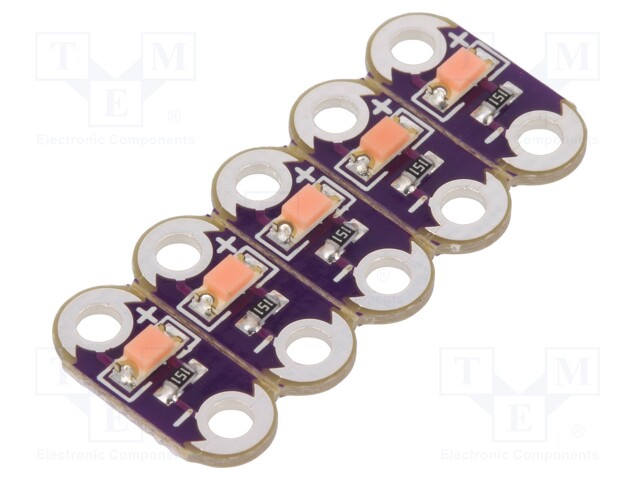 Module: LED; LilyPad; Colour: pink; metalic holes; No.of diodes: 5