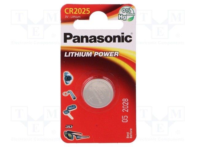 Battery: lithium; 3V; CR2025,coin; Batt.no: 1; Ø20x2.5mm