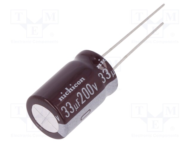 Capacitor: electrolytic; THT; 33uF; 200VDC; Ø12.5x20mm; Pitch: 5mm