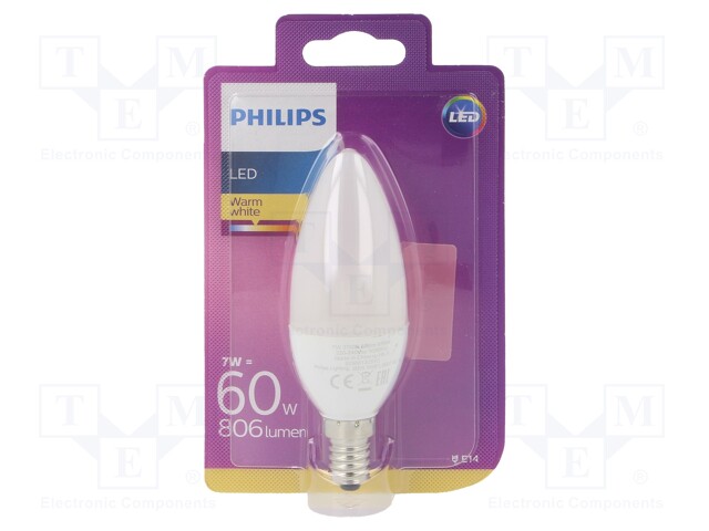 LED lamp; warm white; E14; 230VAC; 806lm; 7W; 2700K; CRImin: 80