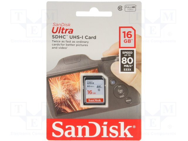 Memory card; SD HC; 16GB; Class 10; Features: Full HD 1080p