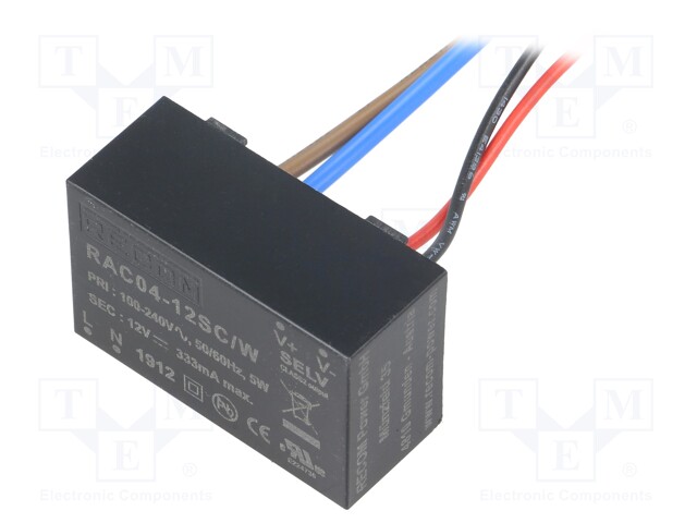 Converter: AC/DC; 4W; Uout: 12VDC; Iout: 333mA; 77%; Mounting: cables