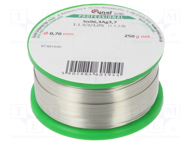 Soldering wire; Sn96,3Ag3,7; 0.7mm; 0.25kg; lead free; 3%