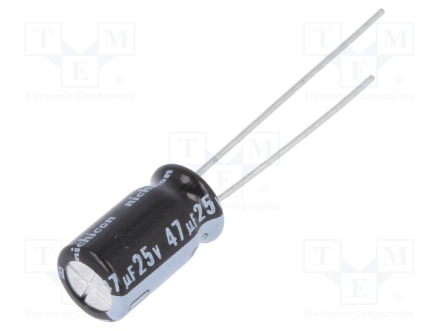 Capacitor: electrolytic; THT; 47uF; 25VDC; Ø6.3x11mm; Pitch: 2.5mm