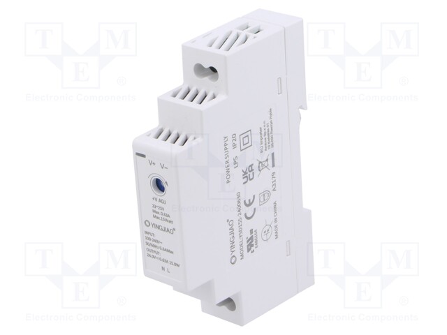 Power supply: switched-mode; for DIN rail; 15W; 24VDC; 630mA; 86%