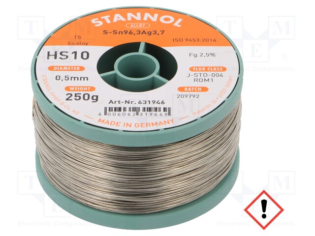 Soldering wire; Sn96Ag4; 0.5mm; 0.25kg; lead free; Package: reel