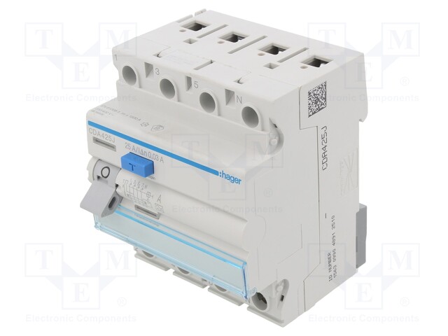 RCD breaker; Inom: 25A; Ires: 30mA; Max surge current: 250A; DIN