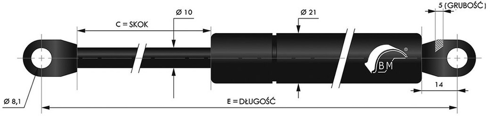 Gas spring; E: 385mm; Features: with welded steel eyes; Øout: 21mm