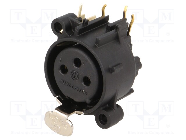 Socket; XLR; female; PIN: 3; angled 90°; with push button; THT; 6A