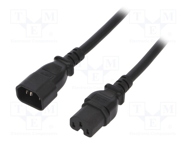 Cable; IEC C15 female,IEC C14 male; 1m; black; PVC; 3x14AWG; 15A