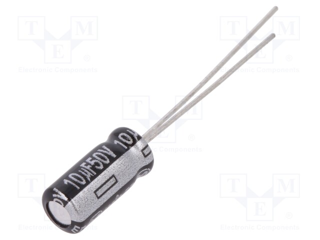 Capacitor: electrolytic; THT; 10uF; 50VDC; Ø5x11mm; Pitch: 2mm; ±20%