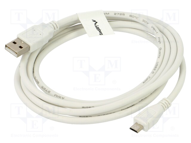 Cable; USB 2.0; USB A plug,USB B micro plug; gold-plated; 1.8m