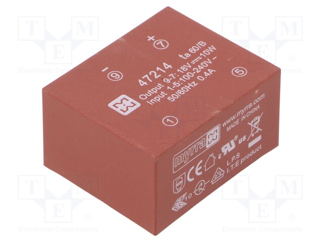 Converter: AC/DC; 10W; Uout: 18VDC; Iout: 560mA; 82%; Mounting: PCB