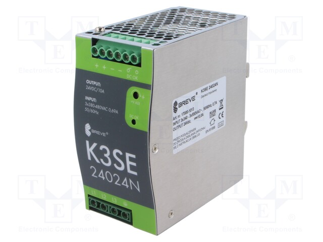 Power supply: switched-mode; for DIN rail; 240W; 24VDC; 10A; IP20