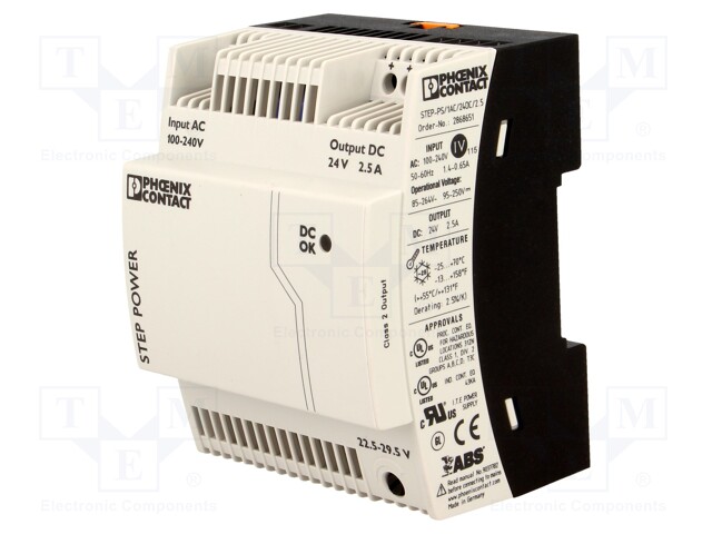 Power supply: switched-mode; 60W; 24VDC; Mounting: DIN; 2.5A