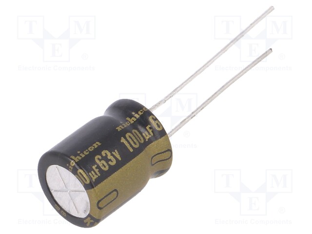 Capacitor: electrolytic; THT; 100uF; 63VDC; Ø10x12.5mm; Pitch: 5mm