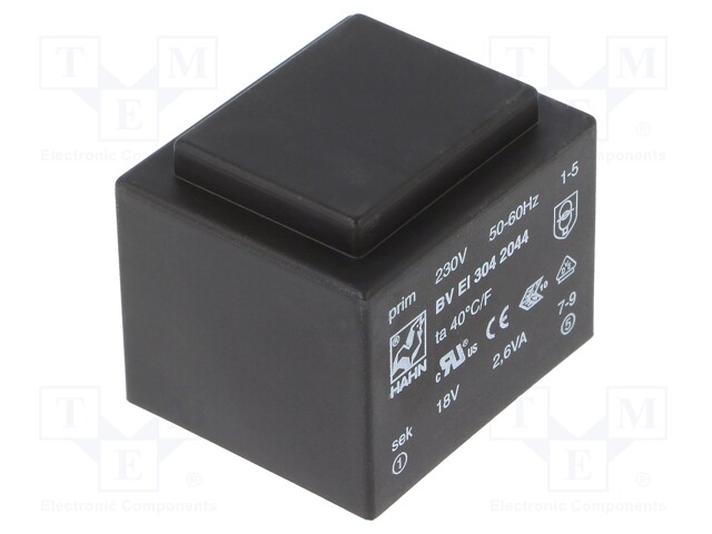 Transformer: encapsulated; 2.6VA; 230VAC; 18V; 145mA; Mounting: PCB