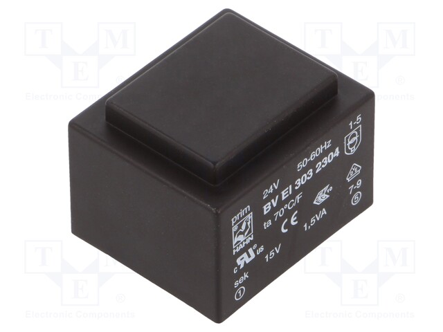 Transformer: encapsulated; 1.5VA; 24VAC; 15V; 100mA; Mounting: PCB