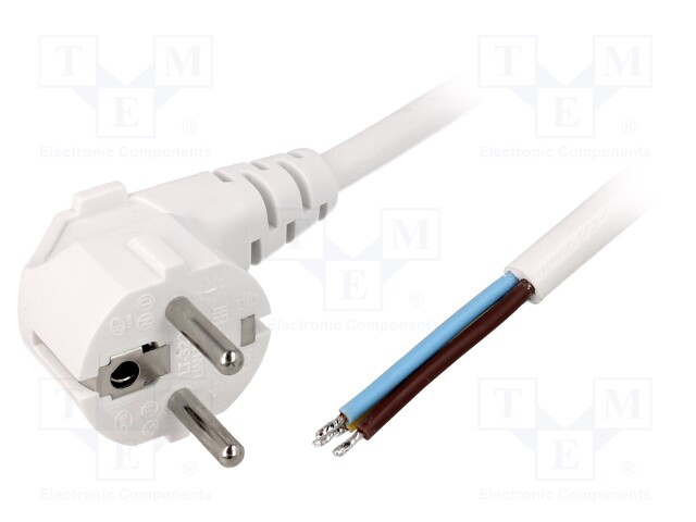 Cable; CEE 7/7 (E/F) plug angled,wires; 1.8m; white; PVC; 16A