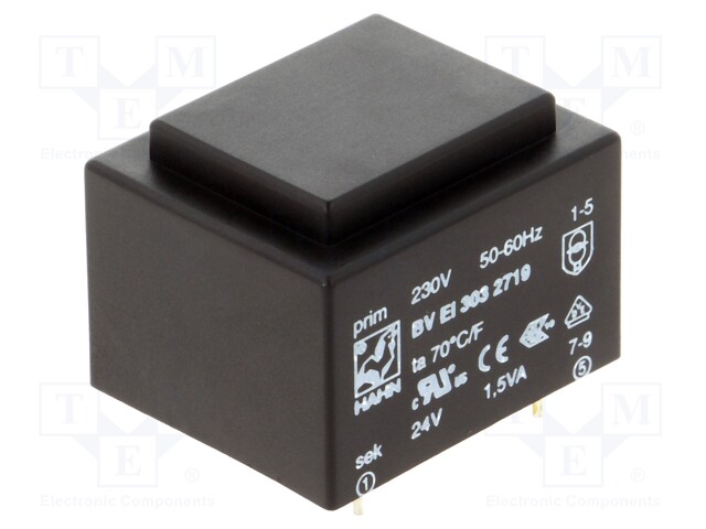 Transformer: encapsulated; 1.5VA; 230VAC; 24V; 63mA; Mounting: PCB