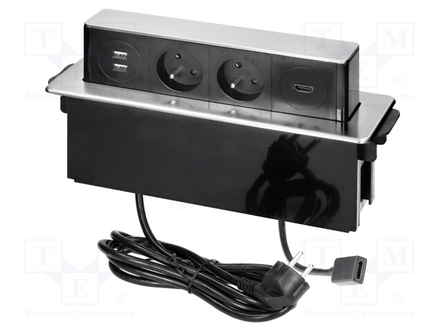 Plug socket strip: furniture; 3680W; black-silver; 230VAC