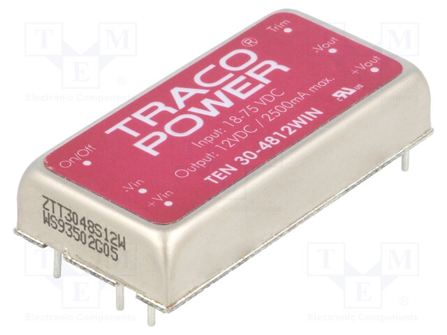 Converter: DC/DC; 30W; Uin: 18÷75V; 12VDC; Iout: 2500mA; 2"x1"; 31g