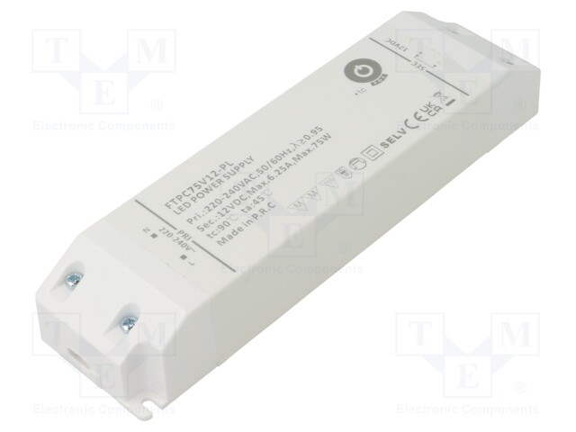 Power supply: switched-mode; LED; 75W; 12VDC; 6.25A; 220÷240VAC