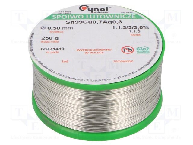 Soldering wire; Sn99Ag0,3Cu0,7; 500um; 250g; lead free; 216÷227°C