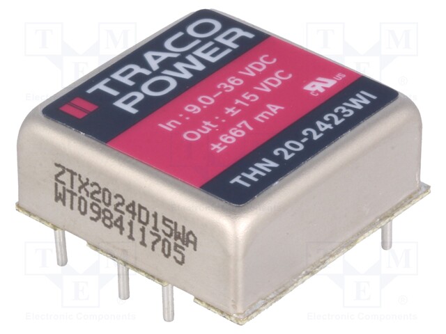 Converter: DC/DC; 20W; Uin: 9÷36V; Uout: 15VDC; Uout2: -15VDC; 1"x1"