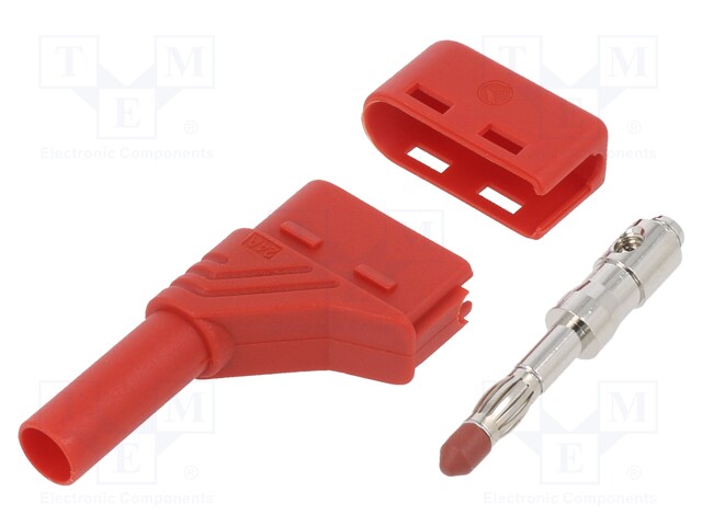 Plug; 4mm banana; 24A; 1kVDC; red; insulated,angled; 0.5÷1.5mm2