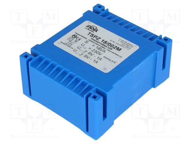 Transformer: encapsulated; 18VA; 230VAC; 9V; 9V; 1A; 1A; IP00; 400g