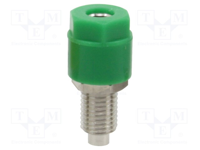 Socket; 4mm banana; 36A; green; nickel plated; on panel,screw