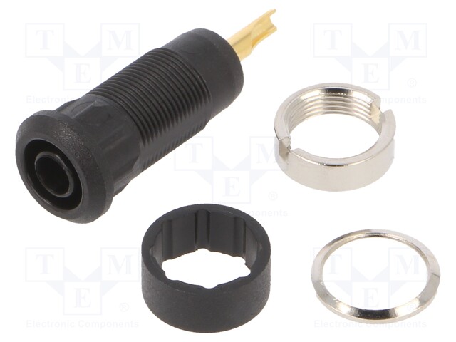 Socket; 2mm banana; Overall len: 29mm; black; Mounting: soldered