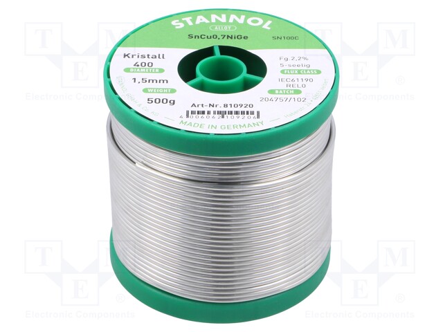 Soldering wire; Sn99,3Cu0,7+NiGe; 1.5mm; 0.5kg; lead free; 227°C