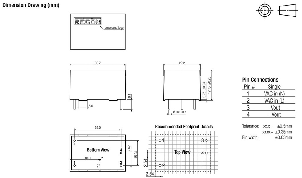 Converter: AC/DC; 2W; Uout: 12VDC; Iout: 167mA; 73%; Mounting: PCB