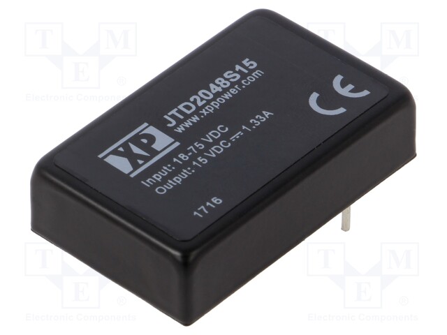 Isolated Board Mount DC/DC Converter, ITE, 1 Output, 20 W, 15 V, 1.33 A