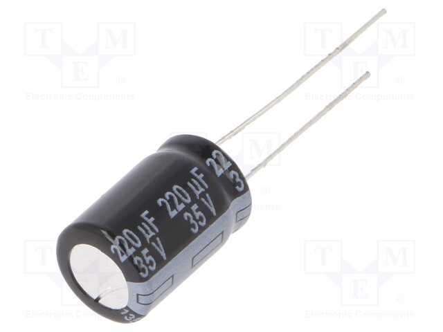 Capacitor: electrolytic; THT; 220uF; 35VDC; Ø10x16mm; Pitch: 5mm